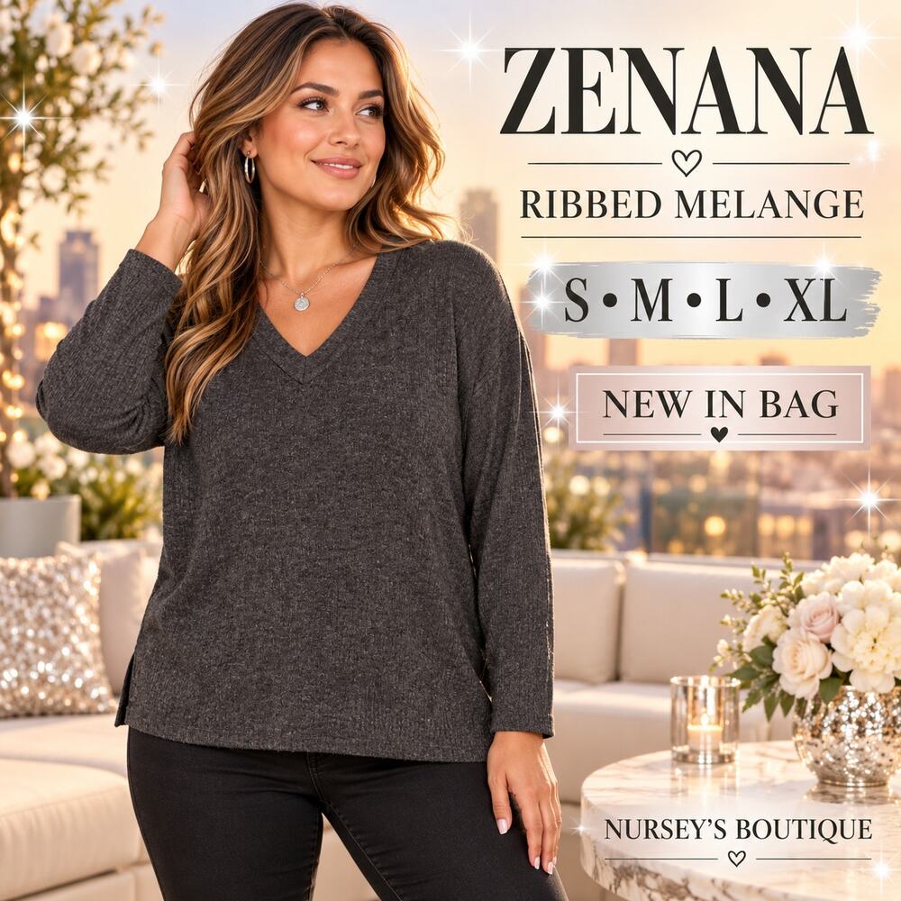 Zenana Ribbed Melange V Neck Long Sleeve Top Charcoal Gray XL Relaxed NIB
